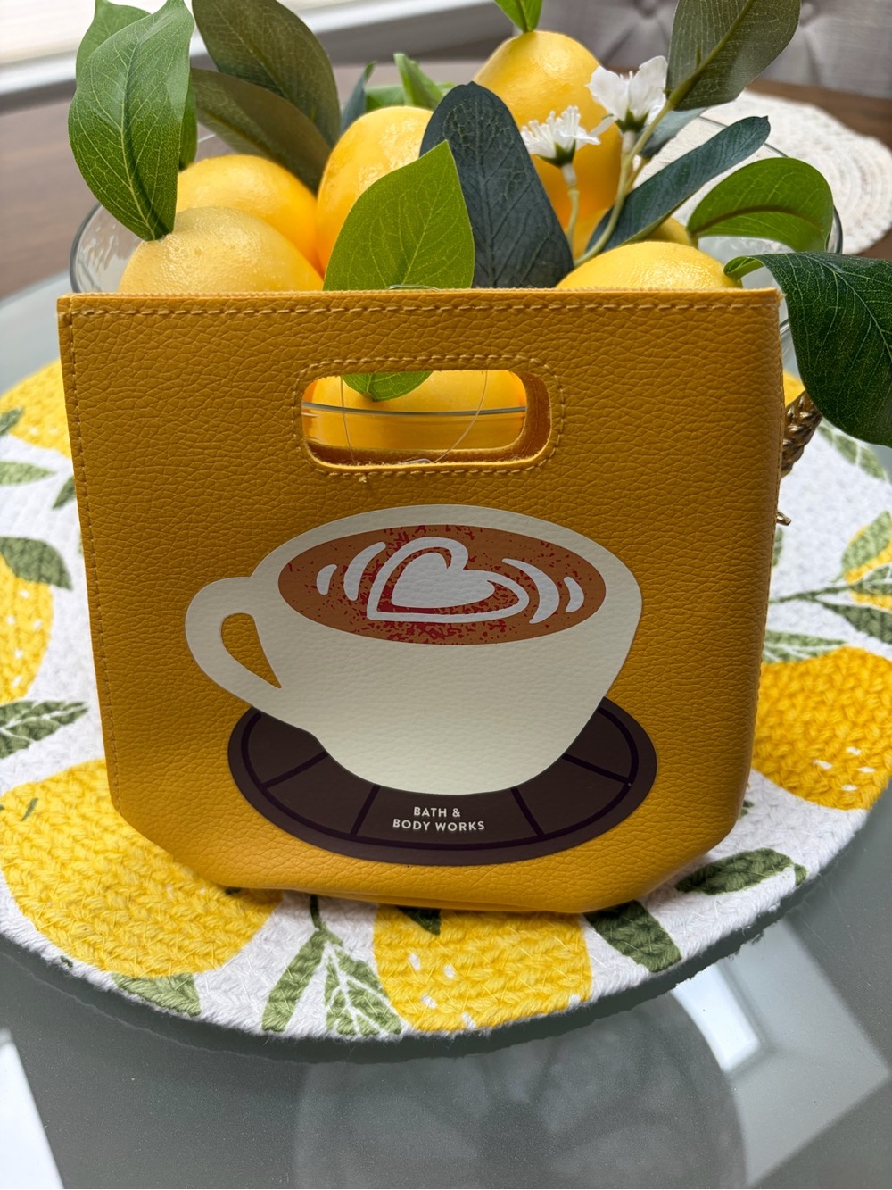 Bath & Body Works Yellow Coffee Cup Mini Leatherette Tote Bag 6 by 6 Fall 2026